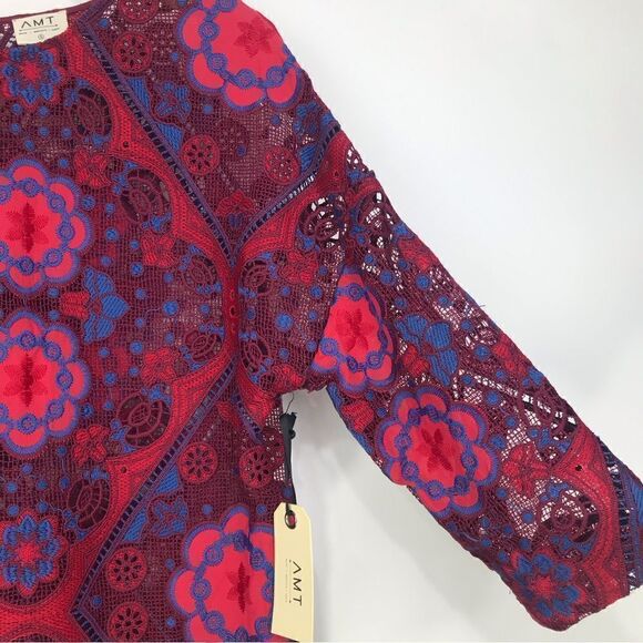 AMT NEW Deep Red Crochet Floral Mini Sheath Dress - Picture 9 of 13